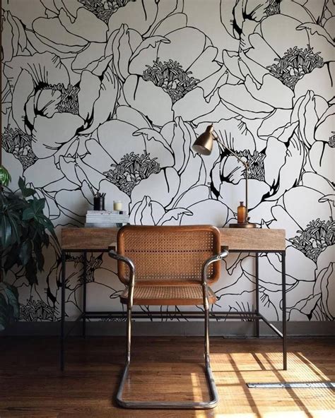 Monochrome Floral Wallpaper Wall Mural Floral Home Décor Etsy In 2021