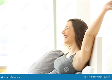 Excited Woman Raising Arms And Waking Up On The Bed Stock Photo Image Of Guest Attitude