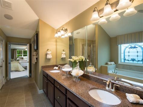 Best alternative to bathroom curtains: Neutral Tone Bathroom with Dark Wood Cabinets and Stained ...