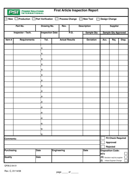First Article Inspection Report Template