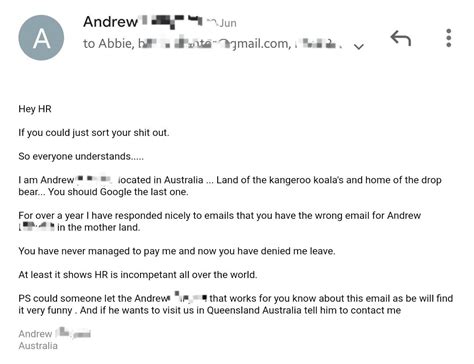 Hr At My Work Has Been Sending Emails To A Different Andrew In
