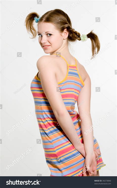 Sexy Model Pigtails Dressed Rainbow Striped Stock Photo