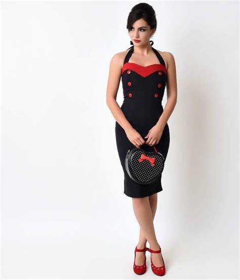 1950s Style Black And Red Sweetheart Halter Pin Up Wiggle Dress Unique