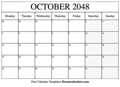 October 2048 Calendar Free Printable With Holidays And Observances