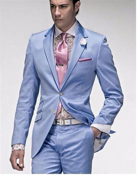 2017 gentleman style men suits slim fit mens light blue notched lapel suits wedding dresses