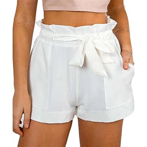 Belted Ruffle Waist Solid Shorts Women Casual Loose A Line Beach Summe