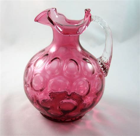 Cranberry Glass Pitcher Clear Applied Handle Thumbprint Ruffled Edge Vintage Glass Art Glass