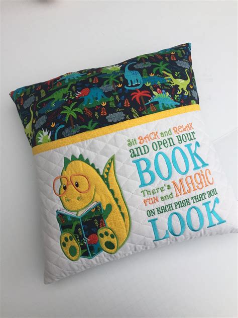 Blue Dinosaur Reading Pillow Colorful Dinosaurs Quilted Pocket