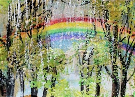 Aceo Original Painting Summer Rainstorm Rainbow Trees Rain Storm Nature