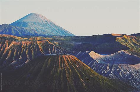 Crater Of Mount Bromo Mount Semeru And Stately Mount Batok In Java