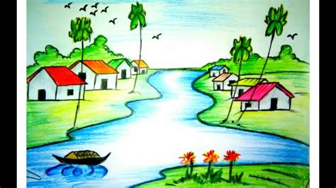 How To Draw A Village Scenery Of Bangladesh 2017 Youtube