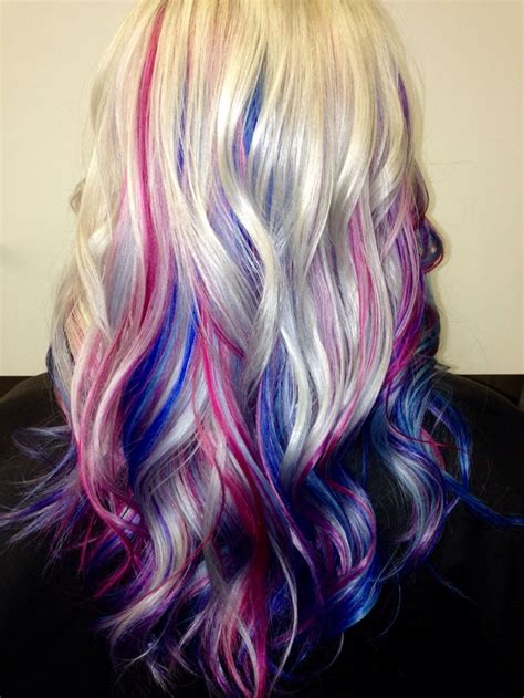 Ad by raging bull, llc. Platinum blonde hair with blue, pink and purple streaks ...