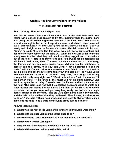 Grade 5 English Comprehension Worksheets Free English Worksheets For