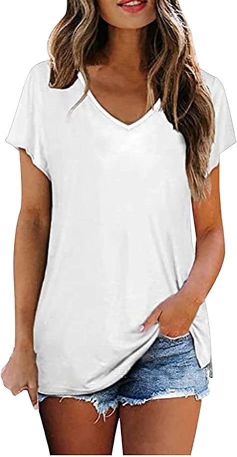 Tshirt Frauen T Shirt Damen Oversize Basic Kurzarm Oberteile Mode V Ausschnitt Einfarbig Muster