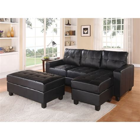 Sectional Sofa Reversible Chaise With Ottoman Black Bonded Leather