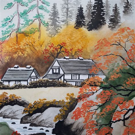 Japanese Landscape Painting Original Watercolor Artwork Fine Etsy