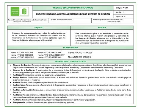 Plantilla Plan Auditoria Interna De Calidad Iso 9001 2015 Formacin De