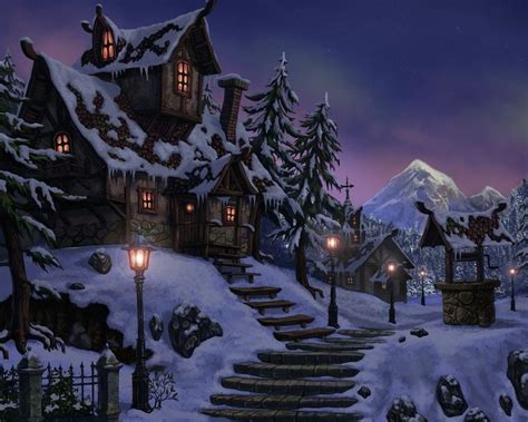 Winter Snow Night Houses Fantasy Art Artwork Snow Night Fantasy Art