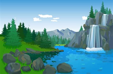 Hill With Waterfalls Landscape Stock Vector Illustration Of Nature
