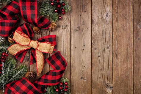 Christmas Side Border With Red And Black Checked Buffalo Plaid Ribbon