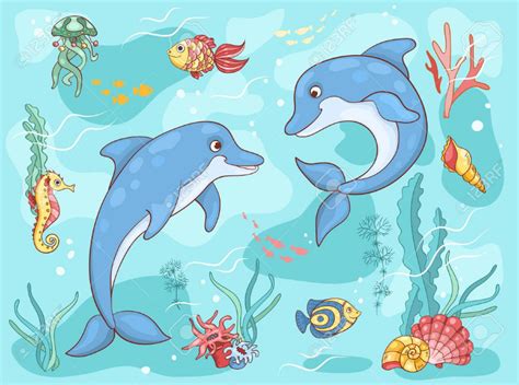 Dos Delfines En El Mar Ilustración Vectorial De Dibujos Animados Foto