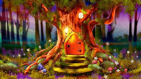 Download Colorful Colors House Flower Tree Fantasy Forest Hd Wallpaper