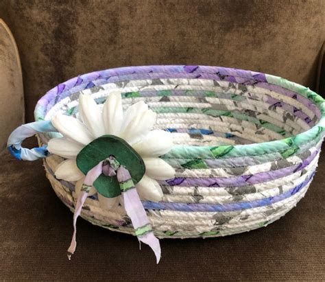 Fabric Wrapped Basket Coiled Rope Basket In White Greys Etsy