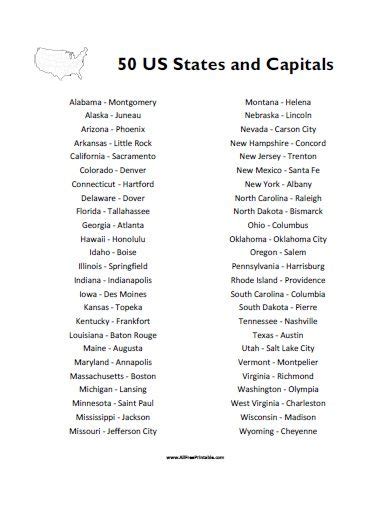 Printable Map Of The United States With State Us State Names Capitals