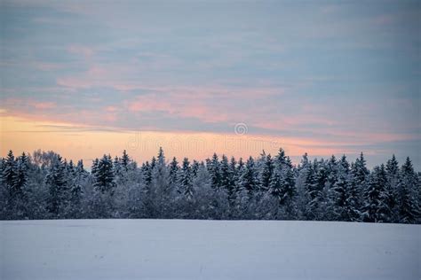 Colorful Sunset Light Over Fields Of Snow In Winter Stock Photo Image