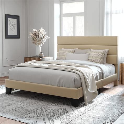 Allewie Queen Size Platform Bed Frame With Velvet Headboardfully Upholstered Mattress