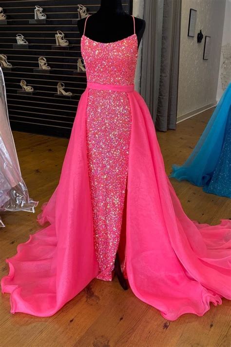 Hot Pink Sequined Long Formal Dress With Detached Train In 2021