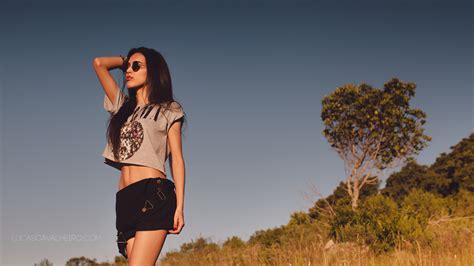 Wallpaper Model Brunette T Shirt Sunglasses Overalls Hands On Head Red Nails Long Hair