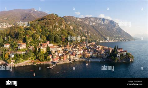 Panoramic View Of Varenna Aerial View With Drone Como Lake Stock