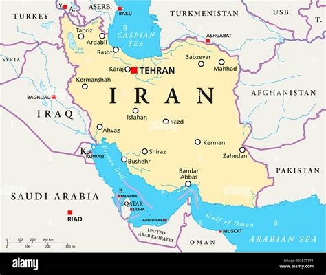 Iran Political Map With Capital Tehran National Borders Most Important Cities Rivers And