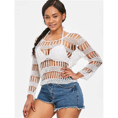 Beading Hollow Out Crochet Bikini Cover Up See Through Beach Cover Up