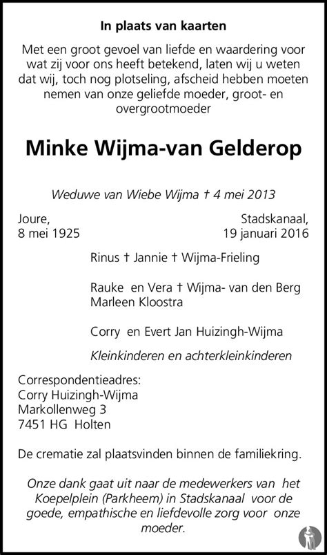 Minke Wijma Van Gelderop 19 01 2016 Overlijdensbericht En