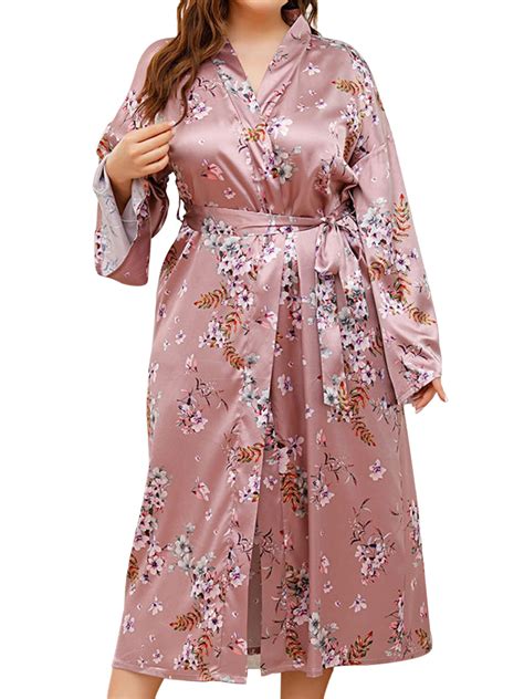 Glookwis Kimono Robe For Plus Size Women Long Floral Satin Robes Kimono Cardigan Gown