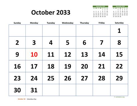 October 2033 Calendar With Extra Large Dates