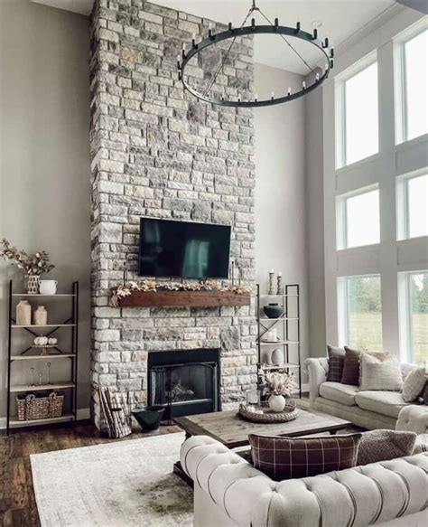 Gray Stone Two Story Fireplace With Tv Soul And Lane