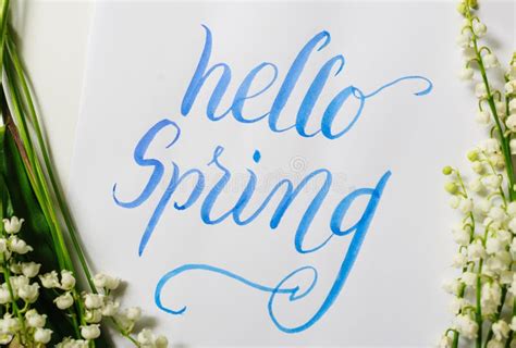 Frame Lily Of The Valley And Text Hello Spring Calligraphy Lettering