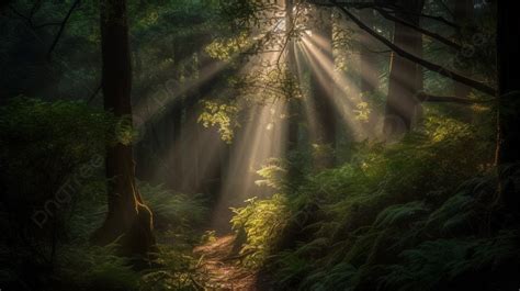 Sun Ray Coming Through Trees In A Dark Forest Background Sunbeams In