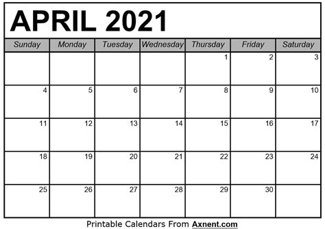 Printable April 2021 Calendar Template Print Now