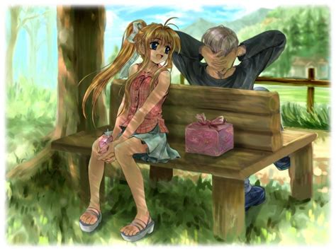 Blond Haired Female Anime Character Sitting On Bench