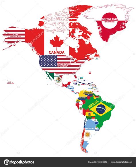 Vectorillustratie Van Noord Zuid Amerika Kaart Met Landnamen Vlaggen