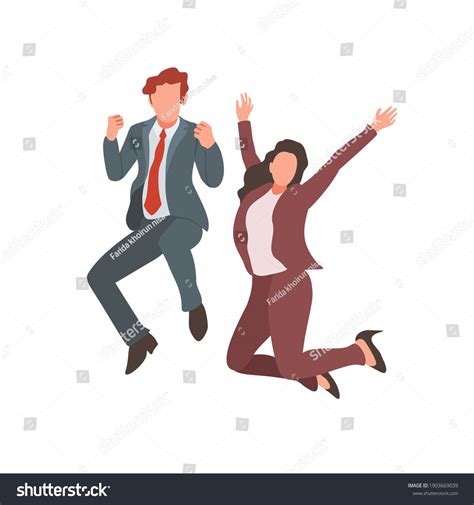 Happy Jumping Office Workers Flat Vector Royalty Free Stock Vector