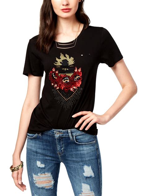 Guess Guess Womens Distressed Short Sleeves Graphic T Shirt Black L