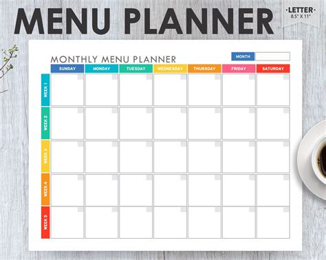 Meal Planner Printable Menu Planner Editable Monthly Meal Planner