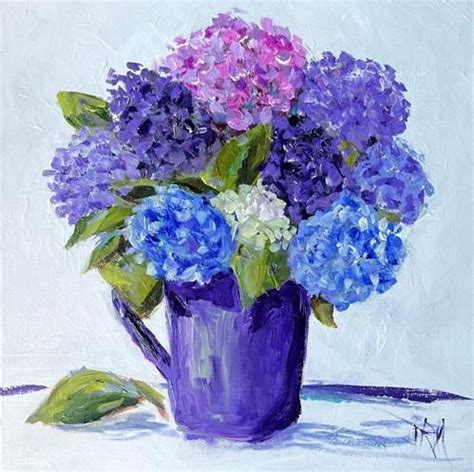 A Painting Of Blue And Pink Flowers In A Purple Vase