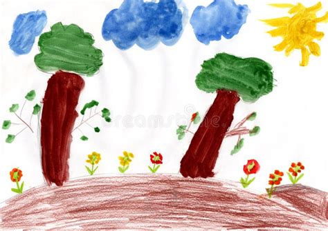 Joy Children Drawing With Glade Of Flowers On Hill Childish Art Drawn