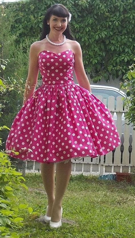 Pinup Dress Rockabilly Girl Fuchsia Pink Greenblueyellow Dot Full Skirt 1950s Retro